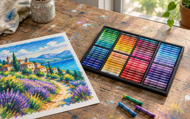 Mont Marte oil pastels, on a paint-spattered studio table beside a vivid oil pastel landscape on paper
