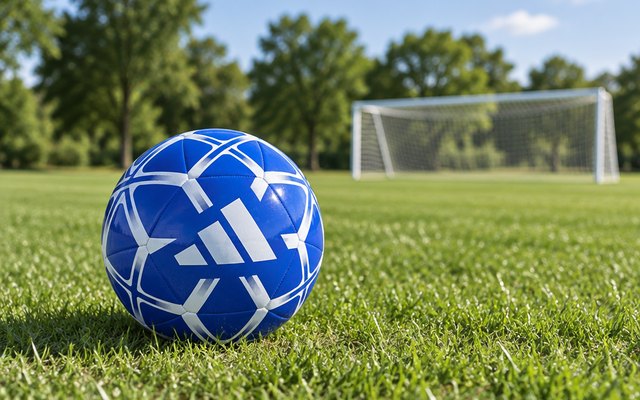 adidas Starlancer Club Soccer Ball, soccer ball on green grass in a sunny park, goalposts in the distance