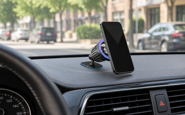 Kaistyle magnetic dash mount, on the dashboard of a compact car parked by a city street