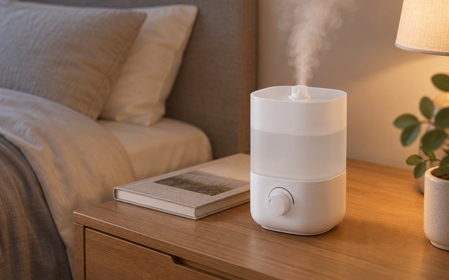 Levoit Classic 160 humidifier, on a nightstand in a calm bedroom beside a book, soft evening light