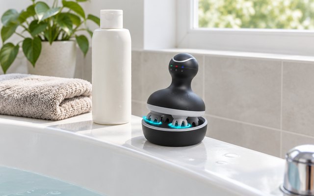 COMFIER scalp massager, on the edge of a bath beside a plain bottle of shampoo