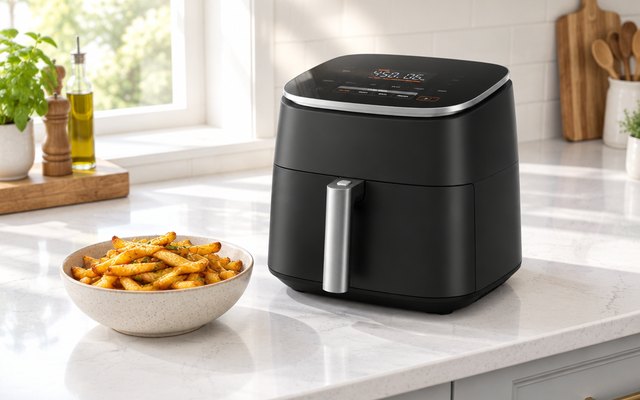 Cosori TurboBlaze air fryer, on a white quartz counter in a bright kitchen beside a bowl of crispy fries