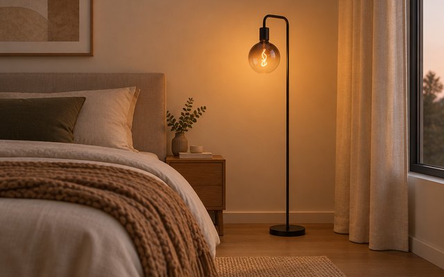 ONEWISH floor lamp, beside a bed in a cozy bedroom with a knitted throw