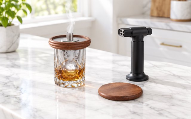 Mahogany cocktail smoker top on an old fashioned with a wisp of smoke, torch beside, on a white marble kitchen island