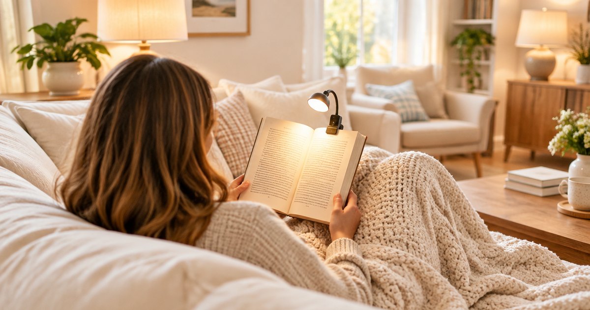Someone curled up under a knitted throw on a cream sofa, reading by a clip-on book light in a warmly lit living room