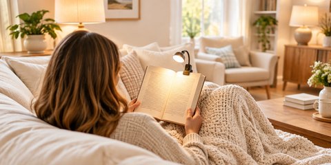 Someone curled up under a knitted throw on a cream sofa, reading by a clip-on book light in a warmly lit living room