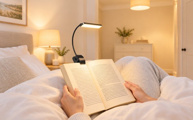 Gritin 19 LED book light clipped to a paperback, read in a bright lamp-lit bedroom