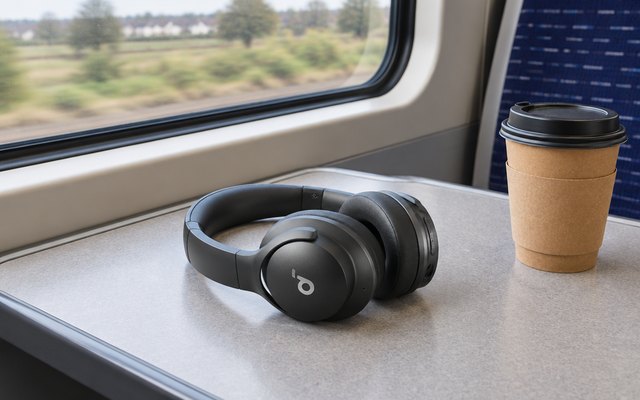 Soundcore Q20i headphones, lying on a seat table by the window of a commuter train beside a coffee cup