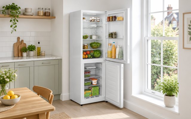 Fridge freezer, in a bright modern British kitchen beside a tall window