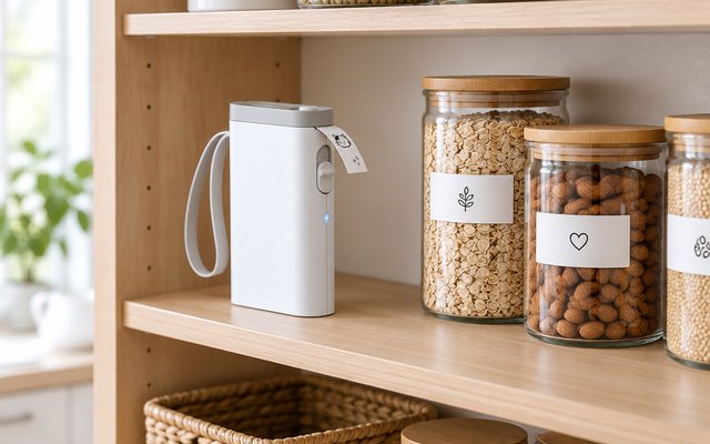 White pocket label printer on a pantry shelf beside glass storage jars with neat plain labels
