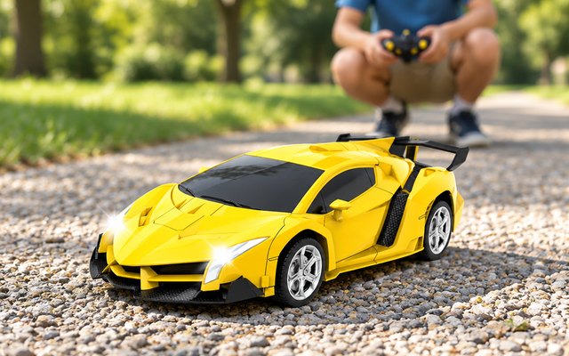 Britik Transforming Robot RC Car, remote control car on a gravel path in a sunny park, a child crouched behind it in the distance, out of focus