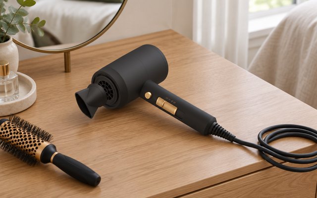 Hair dryer resting on a dressing table beside a round brush