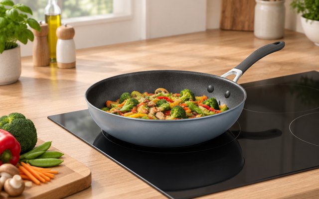 Circulon A1 skillet, on a black induction cooktop in a modern family kitchen