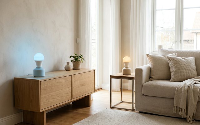 Two colour smart bulbs in small ceramic table lamps in a bright sitting room, one glowing sky blue and one warm amber