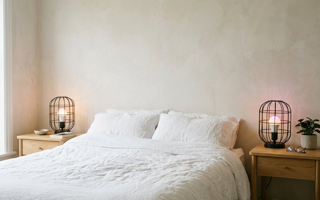 Two colour smart bulbs glowing warm white in a pair of open cage bedside lamps