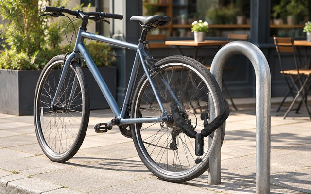 GRIFEMA bike chain lock, looped through a bicycle's back wheel and around a steel hoop bike stand outside a café on a sunny street