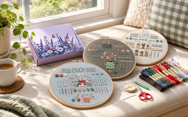ETSPIL embroidery kit, on a sunny windowsill seat with a cushion