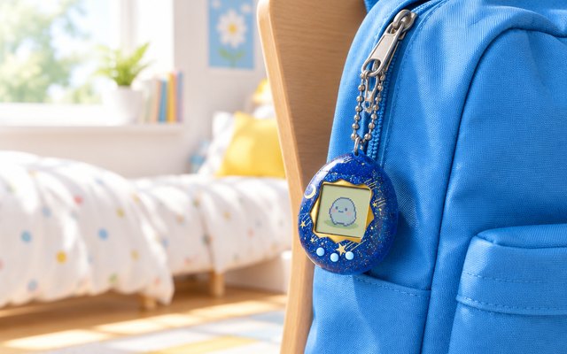 Starry blue egg-shaped digital pet keychain clipped to a school backpack zipper