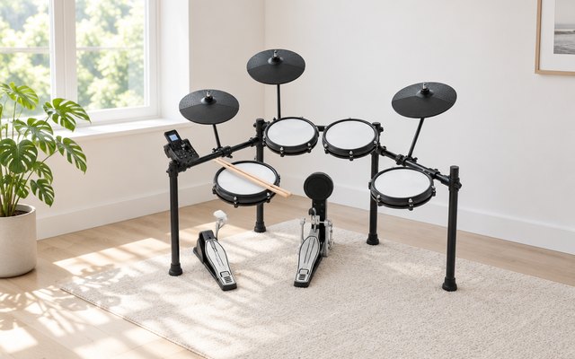 A compact electronic drum kit with white mesh pads in the corner of a bright spare room