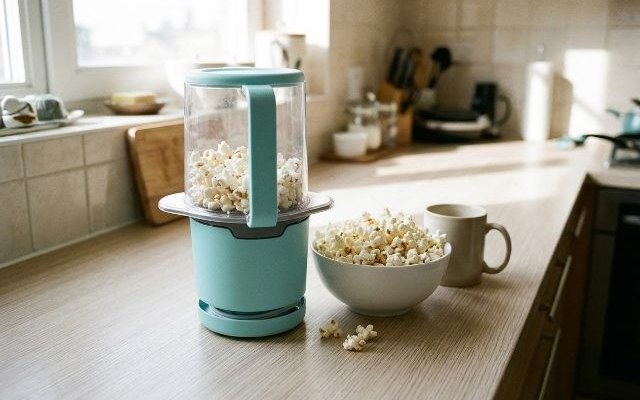 Small aqua hot-air popper, on an apartment kitchen counter with popcorn