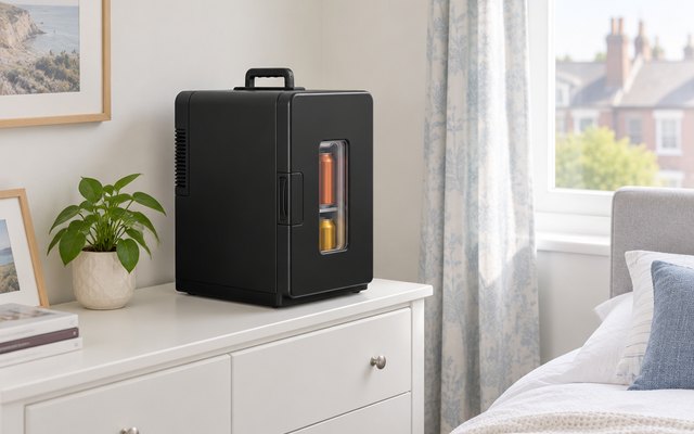 FOHERE 15-litre mini fridge, on a bedroom dresser