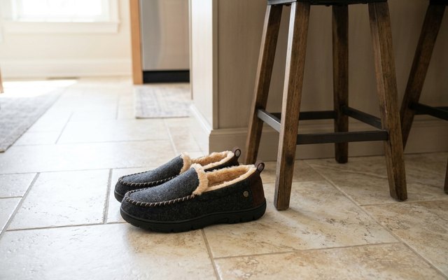 Charcoal felt moccasin slippers with a faux-fur collar on a tiled kitchen floor beside a wooden island stool