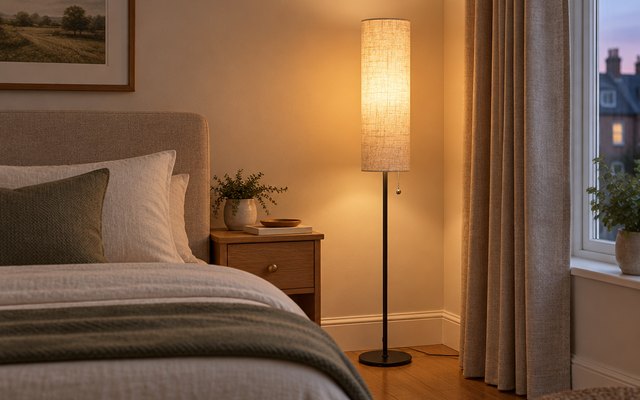 Floor lamp with linen shade, beside a bed in a British bedroom