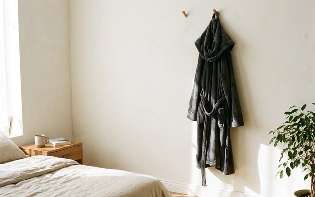 Dark grey hooded fleece bathrobe hanging from a wooden wall hook in a bright bedroom