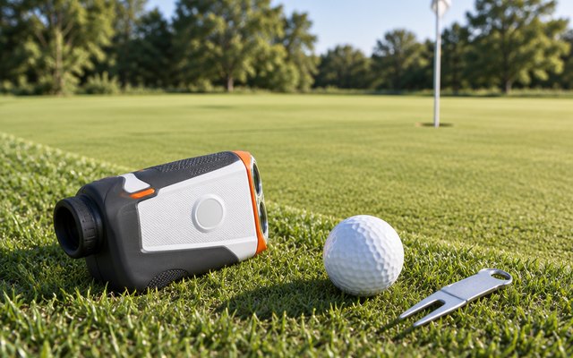 Bushnell Tour V6 Shift rangefinder, on the grass at the edge of a green beside a ball and a pitch-mark tool