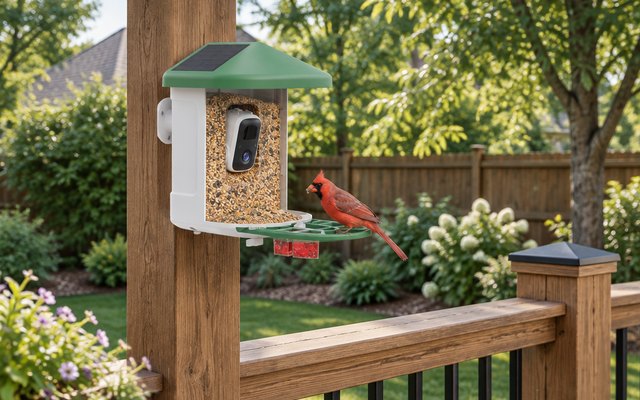 HARYMOR smart bird feeder, mounted on a wooden deck post in a backyard, a cardinal on the tray