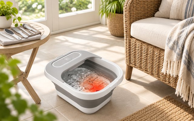 UNIFULL collapsible foot spa, on the floor of a bright sunroom beside a wicker chair, a small pedicure kit on a side table