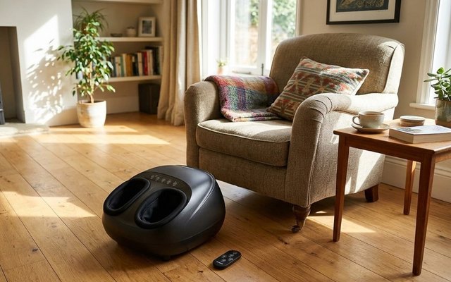 Black foot massager and its remote on a wooden floor in front of a reading armchair in a sunny den
