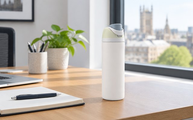 Owala FreeSip water bottle, on a desk in a bright office beside a notebook