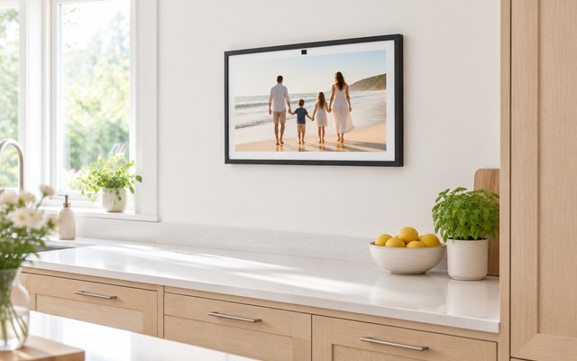 Echo Show 15, mounted on a bright kitchen wall