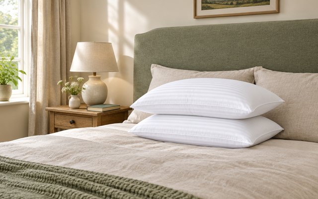 Adam Home pillows, against a green headboard on a made bed