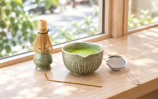 TANG PIN matcha set, on a bright café window ledge