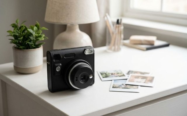 instax SQUARE SQ40 in black on a white bedroom desk beside instant prints