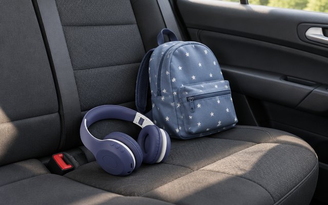 EarFun K2 kids headphones, on the back seat of a car beside a small backpack
