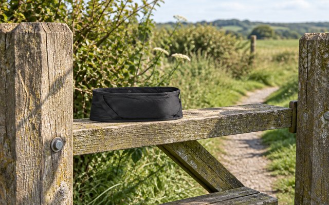 Salomon Pulse running belt, laid on a wooden stile on a countryside footpath