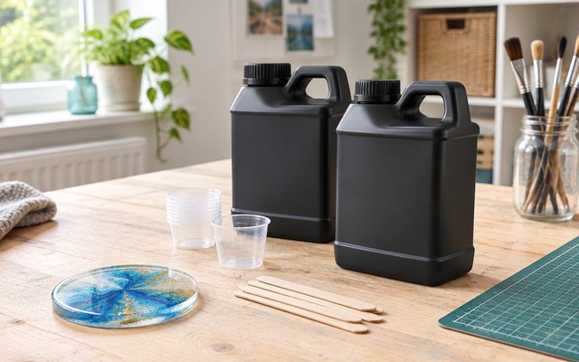 Epoxy resin kit bottles with a finished resin coaster, on a craft table