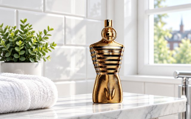 Le Male Elixir bottle on a white marble bathroom shelf beside a towel and a plant