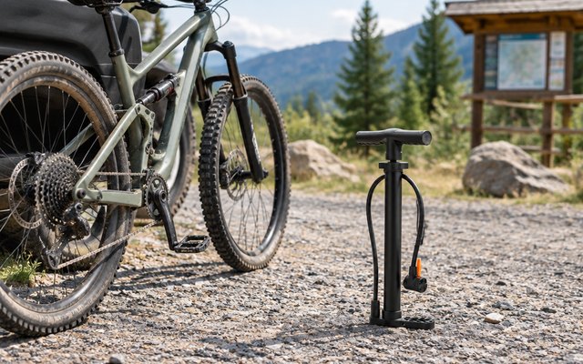 Panaride compact floor pump, standing on a gravel trailhead parking area beside a mountain bike