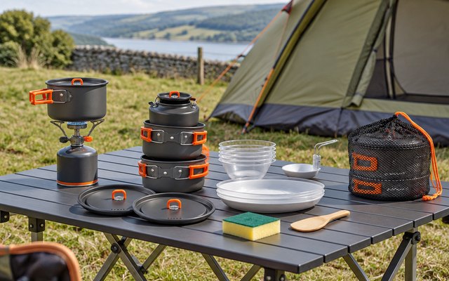 Camping cookware set, set out on a camping table beside a stove at a British campsite, a tent behind