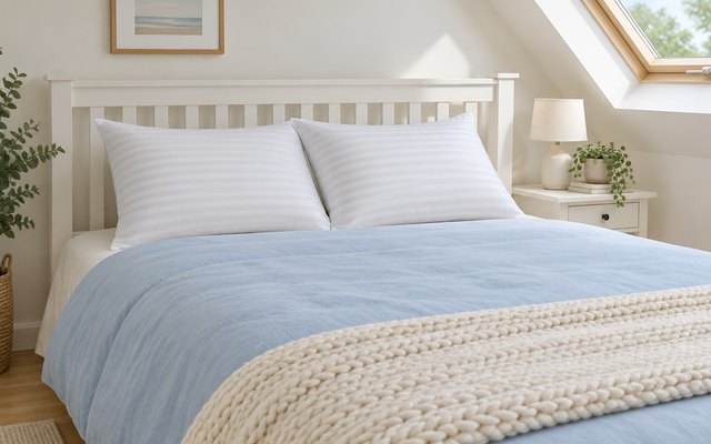 ARLINENS stripe pillows, on a made guest bed in a bright loft room