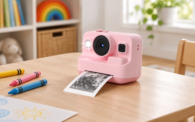 Dylanto instant print camera, on a playroom table beside a few crayons