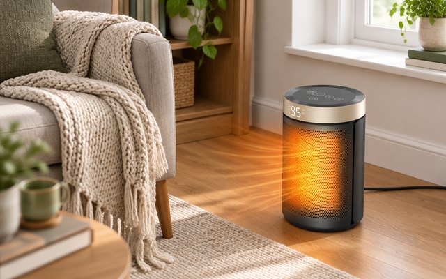 DREO Atom 316 space heater, on the floor of a small reading nook beside an armchair and a knit throw
