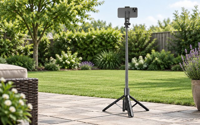 SelfieShow Q16SS phone tripod, standing on a garden patio by a lawn, a large phone held in its clamp