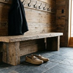 Tan leather moccasin slippers with lace ties on the slate floor of a cabin mudroom, under a wooden bench