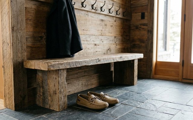 Tan leather moccasin slippers with lace ties on the slate floor of a cabin mudroom, under a wooden bench