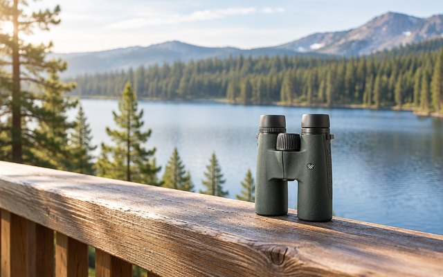 Vortex Triumph HD binoculars, resting on the rail of a wooden deck overlooking a lake and pine forest in the morning